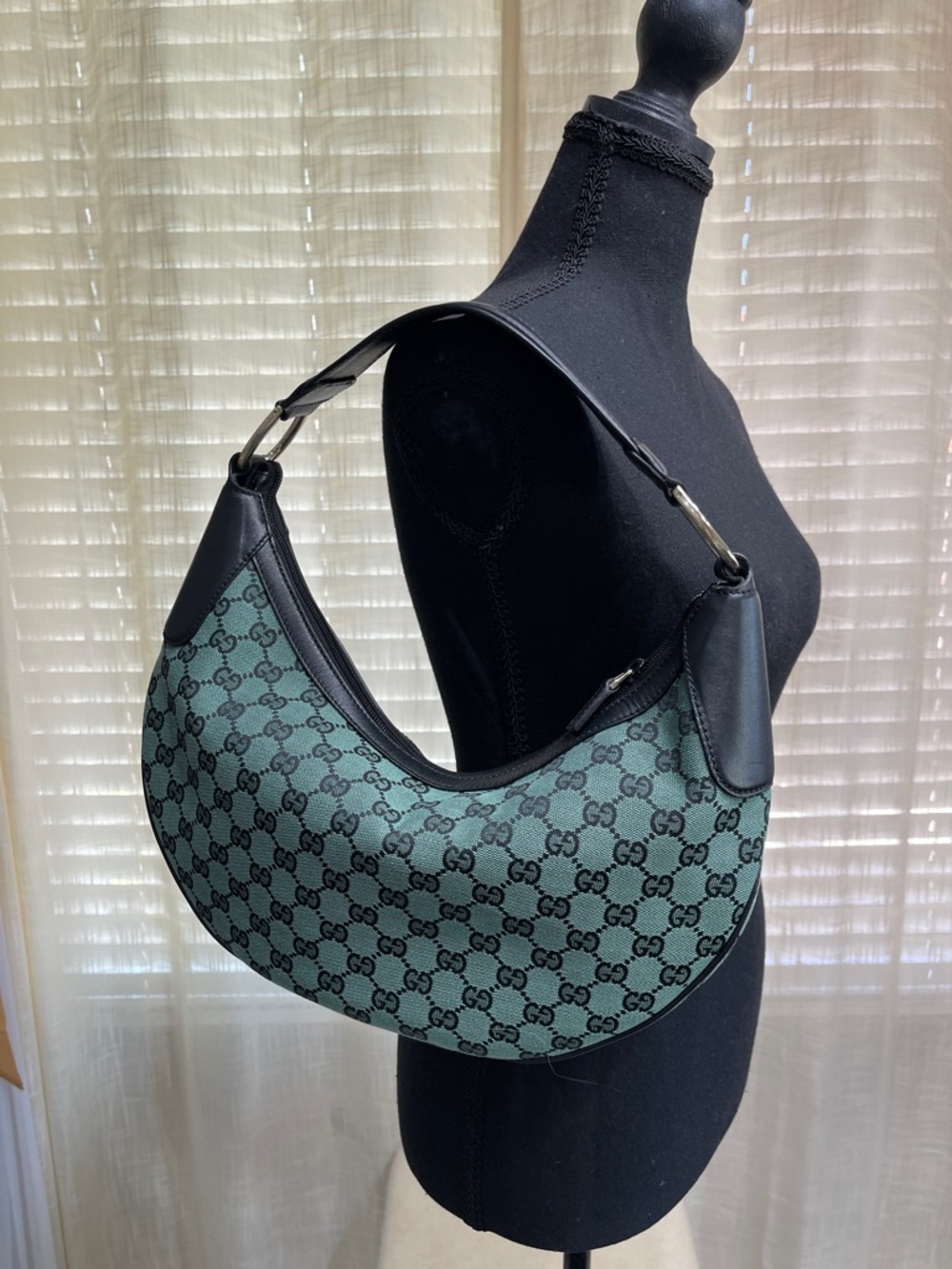 Gucci Blue-Green GG Canvas Crescent Shoulder Bag with Black Trim(New- Never Worn